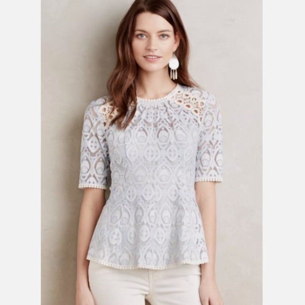 Anthropologie HD in Paris Lace Top in Blue & Cream, Size 6